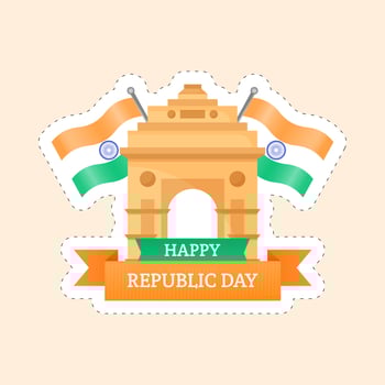 Happy Republic Day With India Gate, Monument, Tricolor Flag In Sticker Style On Peach Background. vector