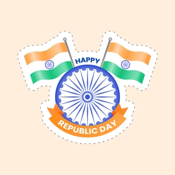 Illustration Of Ashoka Wheel With Cross Indian National Flag, Happy Republic Day Text In Sticker Style On Peach Background. vector