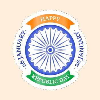 Illustration Of Happy Republic Day, Ashoka Wheel Sticker On Peach Background. vector