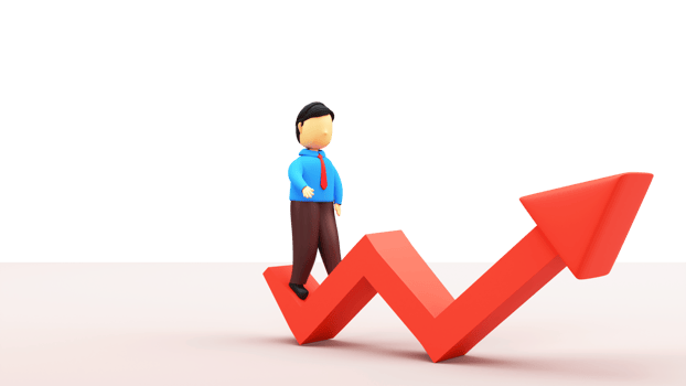 3D Businessman Standing On Growth Arrow Illustration. png