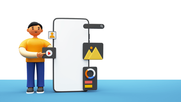 3D Man Showing Video Play Button With Mobile Application Screen And Copy Space. png