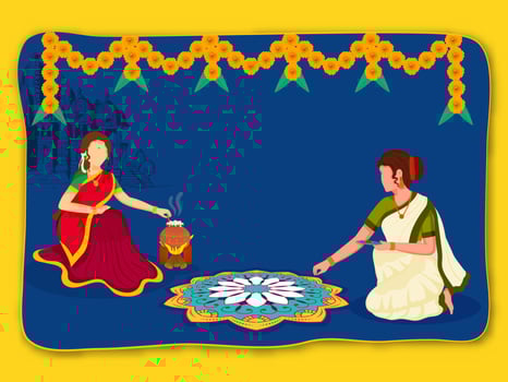 Pongal Celebration Background With Faceless South Indian Women Cooking And Making Rangoli. vector