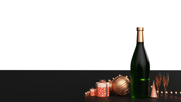 3D Render Of Champagne Bottle With Flute Glasses, Baubles, Gift Boxes, Cone Shape, Lighting Garland Against Background And Copy Space. png