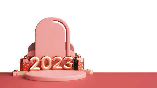 3D Foil Golden 2023 Number With Champagne Bottle, Flute Glass, Gift Boxes On Podium Illustration. png