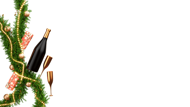 3D Champagne Bottle With Golden Flute Glasses, Gift Boxes, Baubles, Fir Leaves, Lighting Garland Decorated Background And Copy Space. png
