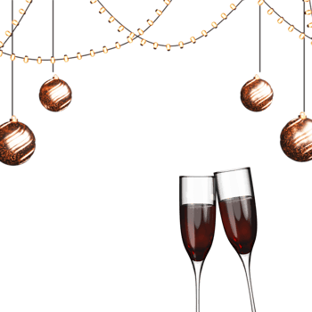 3D Champagne Glasses With Bronze Baubles Hang, Lighting Garland Decorated Background And Copy Space. png