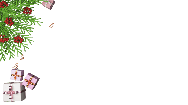 Top View Of 3D Gift Boxes With Fir Leaves, Berries, Curl Ribbons And Copy Space. png