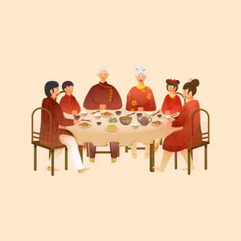 Portrait Of Multi Generation Chinese Family Eating Meal Together On Pastel Peach Background. vector