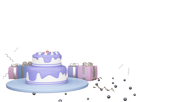 3D Render Of Delicious Cake Over Plate With Gift Boxes, Tiny Balls, Golden Curl Ribbon And Copy Space. png