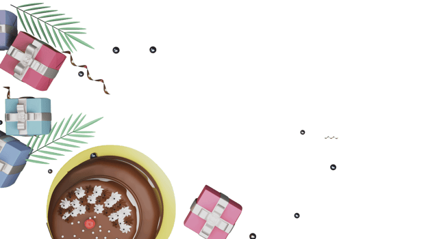 Top View Of 3D Delicious Cake Over Plate With Gift Boxes, Fir Leaves, Tiny Balls And Copy Space. png