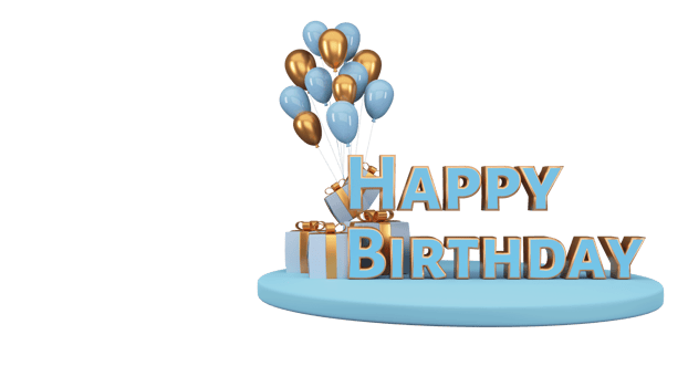 3D Happy Birthday Text With Gift Boxes And Glossy Balloon Bunch Over Blue Podium. png