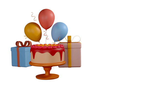 3D Render Of Delicious Cake Over Table With Gift Boxes, Balloons Decorated Background. png