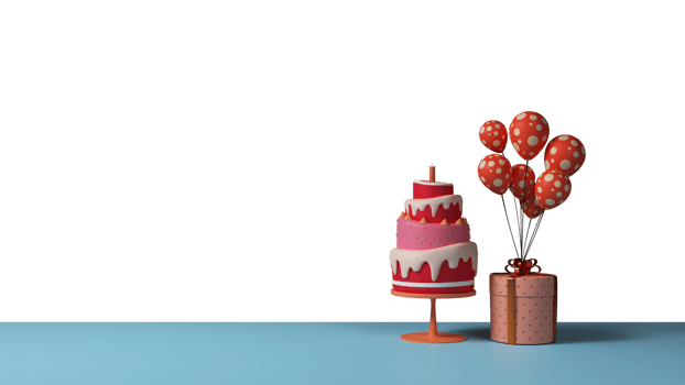 3D Layered Delicious Cake Over Table With Gift Box, Balloon Bunch And Copy Space. png