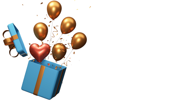 3D Balloons And Confetti Popping Out From Gift Box Against Background With Copy Space. png