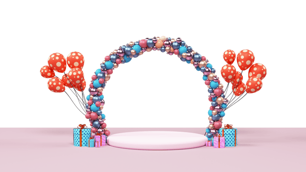 3D Frame Made By Baubles Or Balls With Balloon Bunches, Gift Boxes And Copy Space. png