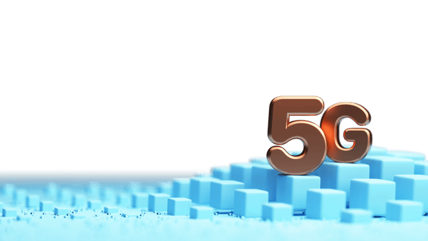 3D Bronze 5G Text With Blue Cubes Element And Tiny Balls Against Background. png