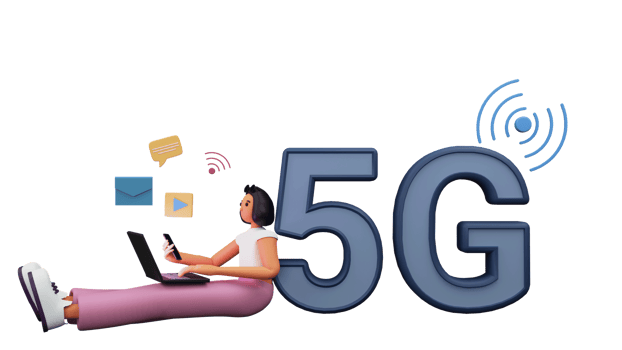 3D Render Of 5G Text With Young Girl Using Social App Through Smartphone And Laptop Against Background. png