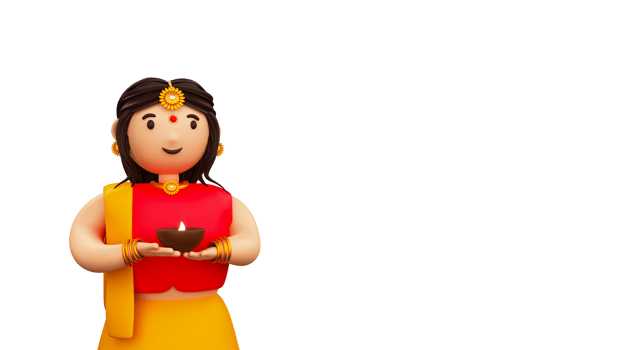 3D Render Of Indian Woman Holding Lit Oil Lamp And Copy Space. png