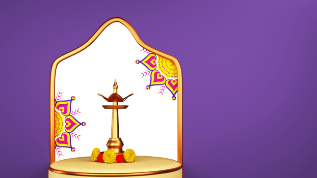 3D Illuminated Brass Oil Lamp Stand With Marigold Flowers In Temple Arch And Copy Space. png