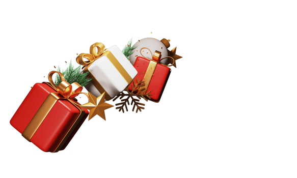 3D Gift Boxes With Baubles, Golden Stars, Snowflakes, Fir Leaves And Copy Space For New Year Or Christmas Celebration. png