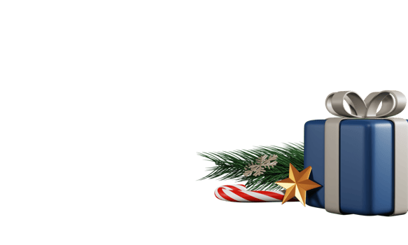 3D Render Of Gift Box With Golden Star, Candy Cane, Snowflakes, Fir Leaves And Copy Space. png
