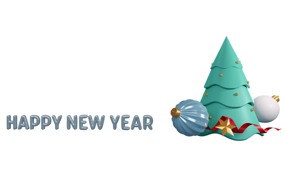 Foil Happy New Year Font With 3D Xmas Tree, Baubles, Golden Star And Red Ribbon Against Background. png