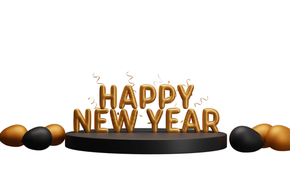 3D Golden Foil Happy New Year Text Over Podium With Curl Ribbon And Balloons On Background. png