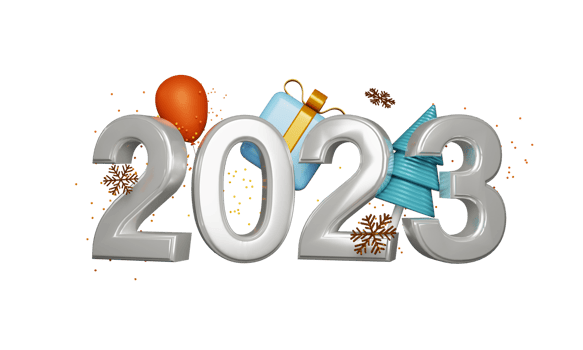 3D Silver 2023 Number With Xmas Tree, Gift Box, Balloon And Bronze Glitter Snowflakes Decorated Background. png