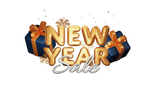 Golden And Silver Foil New Year Sale Text With Snowflakes And 3D Gift Boxes Against Background. Advertising Banner Design. png