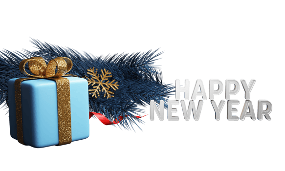 3D Happy New Year Text With Gift Box, Golden Glitter Snowflake, Red Ribbon And Fir Leaves. png