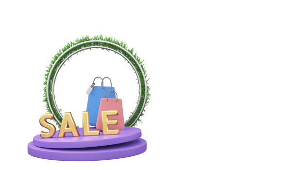 3D Golden Sale Text With Shopping Bags Over Podium And Circular Frame. png