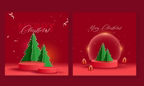 Set Of Merry Christmas Greeting Card OR Poster Design In Red Color. vector