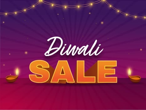 Diwali Sale Poster Design With Illuminated Oil Lamps, Lighting Garland Decorated On Purple And Pink Rays Background. vector