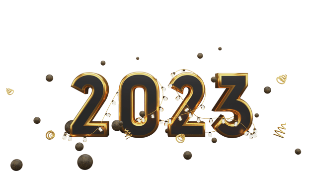 Golden 2023 Text with Christmas Balls on PNG Background.