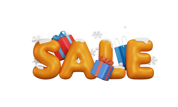 3D Render, Sale Text With Snowflakes, Gift Boxes, Shopping Bag, Stars. png
