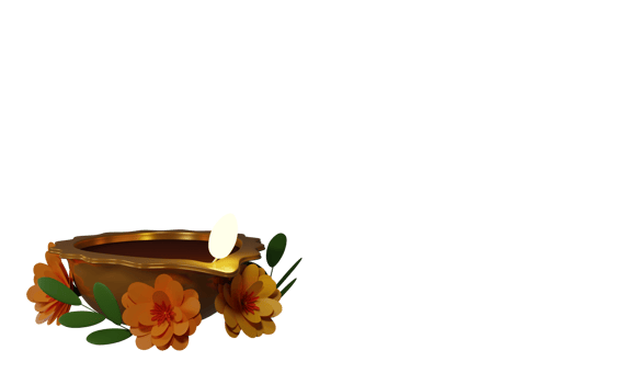 3D Render Of Illuminated Golden Oil Lamp With Paper Flowers, Leaves And Copy Space. png
