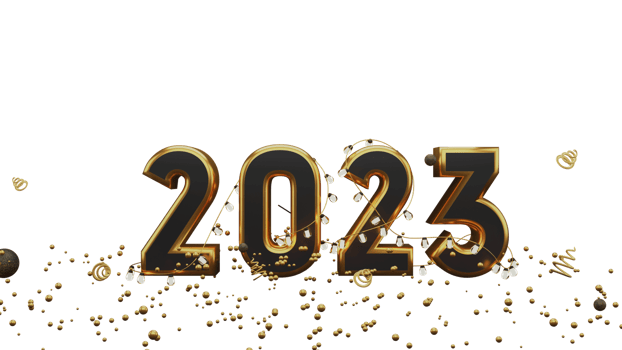 3D Render, Golden 2023 Text with Confetti on PNG Background.
