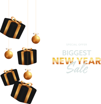 Biggest New Year Sale Poster Design With 3D Gift Boxes And Golden Baubles. png