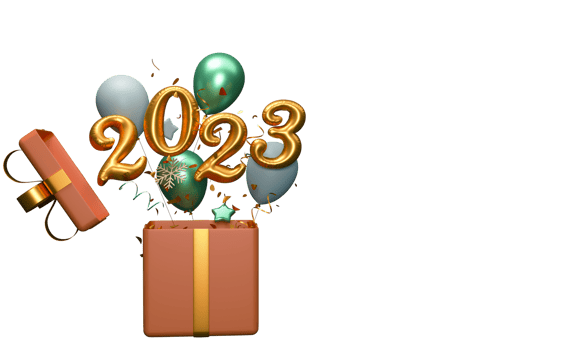 Golden Foil 2023 Number With Balloons, Confetti Coming Out Of 3D Gift Box Against Background. png