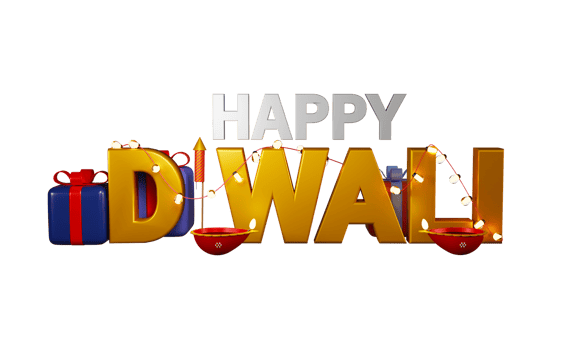 3D Happy Diwali Text Decorated With Lighting Garland, Gift Boxes, Fireworks Rocket And Illuminated Oil Lamps Against Background. png