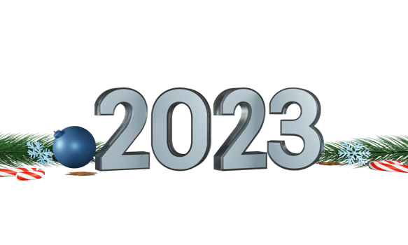3D 2023 Number With Bauble, Snowflakes, Stars, Candy Cane And Fir Leaves. png