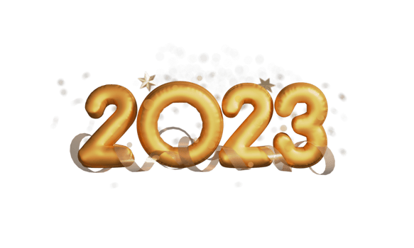 3D Golden Foil 2023 Number With Stars, Curl Ribbons. png