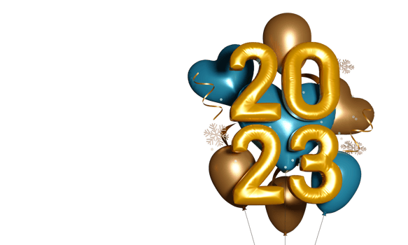 Golden Foil 2023 Number With Glossy Balloons, Snowflakes And Curl Ribbon Against Background. png