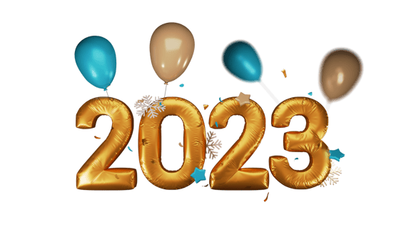 3D Render Of Golden Foil 2023 Number With Snowflakes, Stars, Glossy Balloons And Confetti Against Background. png