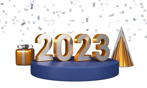 3D 2023 Number Over Podium With Gift Box, Cone Shape In Golden And Silver Color Against Blurred Confetti Background. png