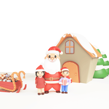 3D Santa Claus Standing With Kids In Front Of Snow House, Xmas Trees And Sleigh Full Of Gift Boxes Against Background. png