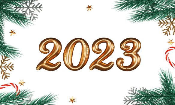 3D Render Of Golden Foil 2023 Number With Stars, Snowflakes, Candy Canes And Fir Leaves Decorated Background. png