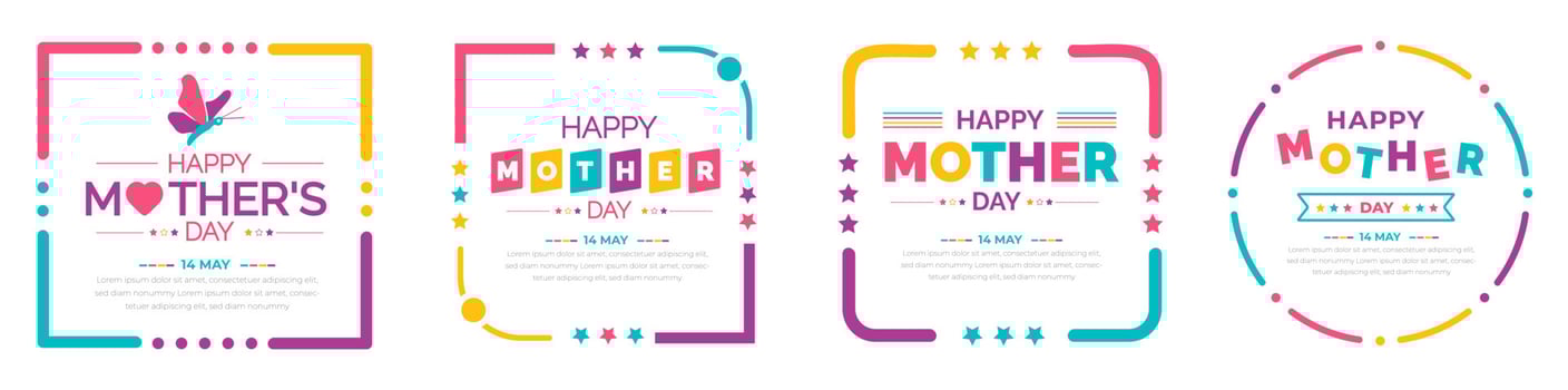 happy mother day colorful text or typography design template set. vector