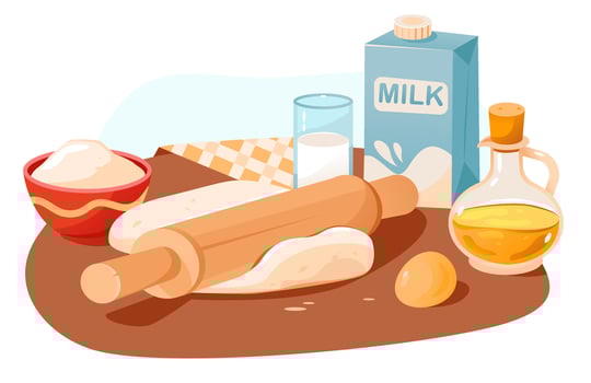 Rolling pin with dough. Baking Ingredients. Products and kitchen tools for cooking baking recipes. Cartoon vector illustration