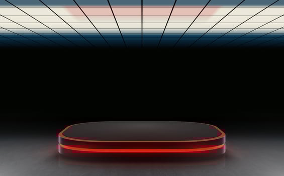 Neon podium stage large empty dark room concrete cement garage underground  with top lightbox modern background. Vector illustration